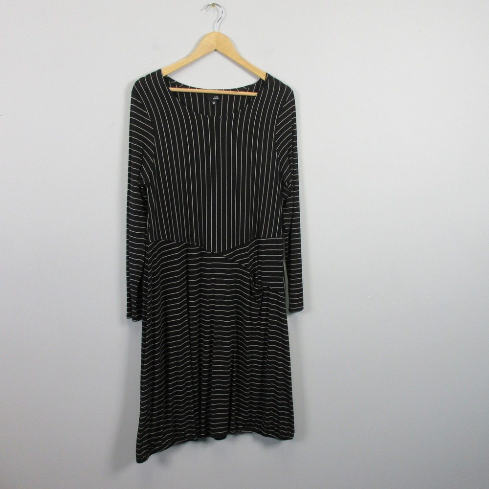 Lisa Bayne Midi Dress M Black Striped Rayon Long Sleeve Lagenlook Asymmetric 398